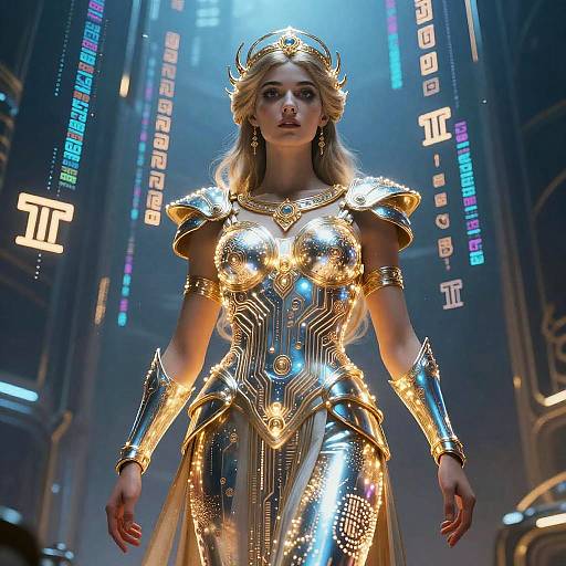 CGI image of a blonde woman in futuristic, golden armor with glowing accents, standing in a neon-lit, sci-fi hallway.
