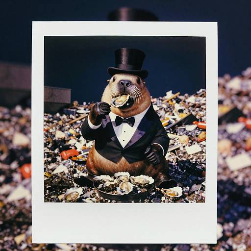 Photograph of a seal in a black tuxedo and top hat, holding a clamshell, standing amidst a pile of shells.