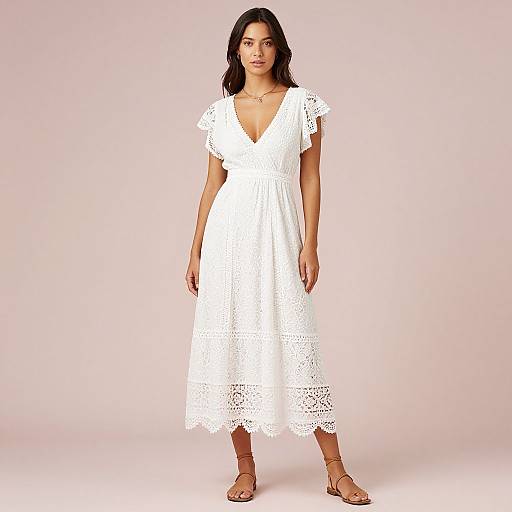 Photograph of a young woman with medium brown skin, black wavy hair, wearing a white, lace, V-neck, knee-length dress, and