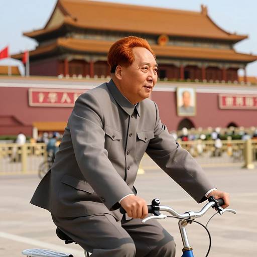 Photograph of an Asian man with short red hair, wearing a gray suit, riding a bicycle in front of a traditional Chinese temple with a red and