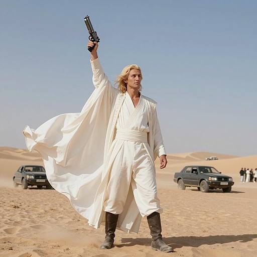 Heroic Figure in Desert with Blaster