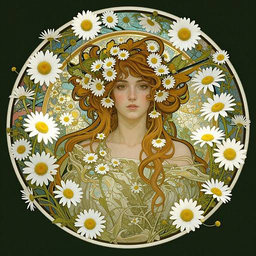 Digital art of a pale-skinned, red-haired woman surrounded by white daisies, wearing a green, leafy garment, framed in a circular