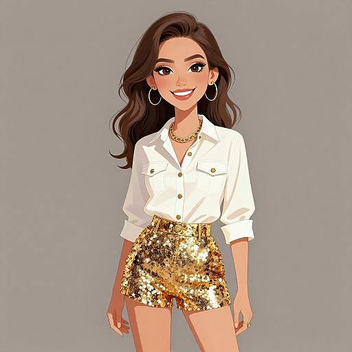 Digital illustration of a smiling young woman with long dark hair, wearing a white blouse, gold sequin shorts, hoop earrings, and gold necklace, standing