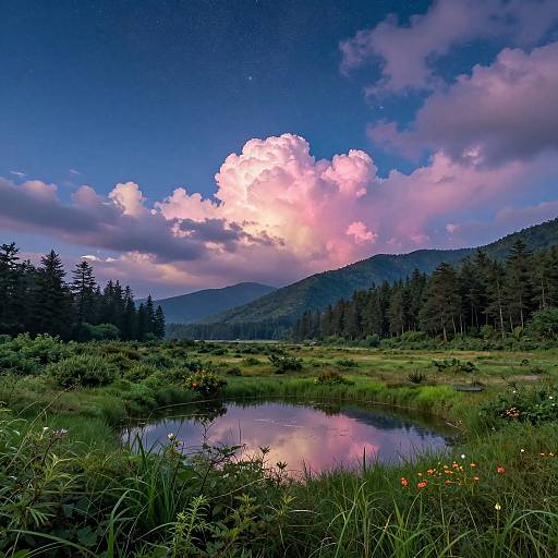 Photograph of a serene mountain landscape at sunset, with a reflective pond, vibrant green grass, colorful wildflowers, and dramatic pink and purple clouds against