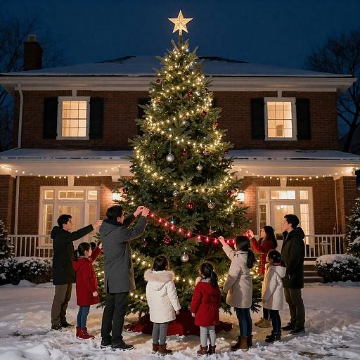 Family Christmas Tree Decoration at Night
