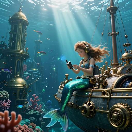 Digital artwork of a mermaid with long brown hair, wearing headphones, texting on a smartphone, sitting on a steampunk ship in a vibrant underwater