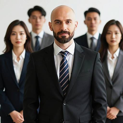 Photograph of a bald, bearded man in a black suit and striped tie, standing in front of four Asian colleagues in black suits and white shirts