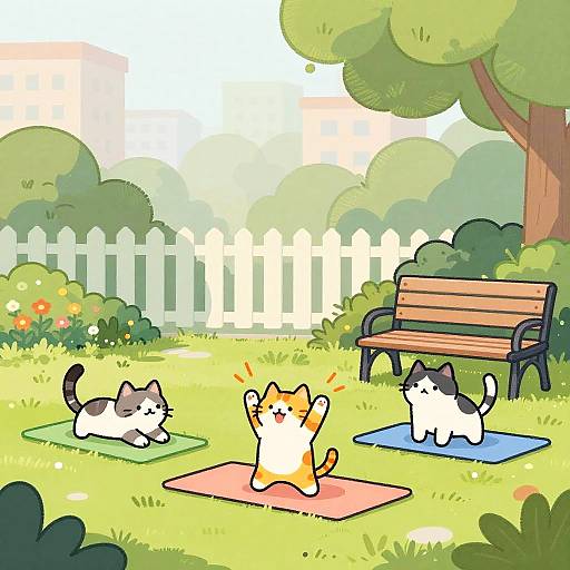 Cats Practicing Yoga in Misty Garden