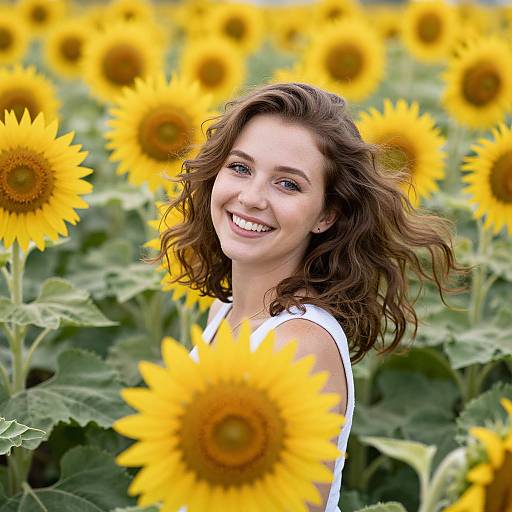 Smiling Woman in Sunflower Field