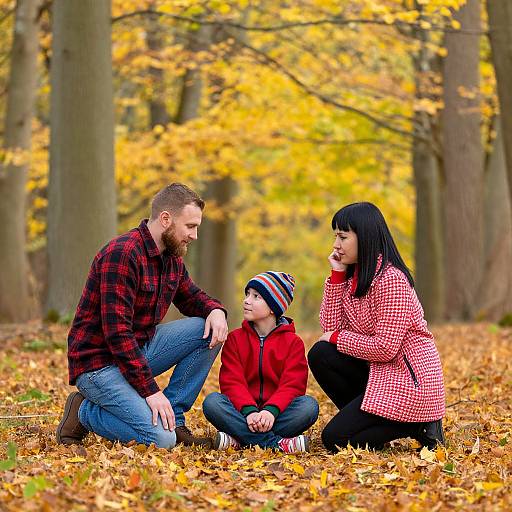 Photograph of a bearded white man, black-haired woman, and young boy in red and black plaid clothes, kneeling on autumn leaves in a