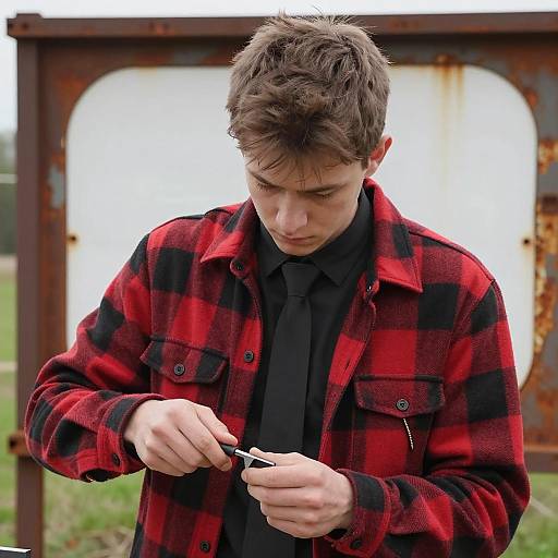Focused Young Man Sharpening a Tool