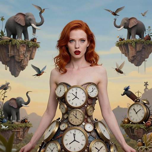 Digital artwork: Red-haired woman with clock-face dress, surrounded by floating elephants and birds, against a sunset sky. Fantasy, surreal style.