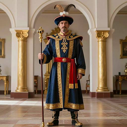 Man in Regal Traditional Costume with Staff