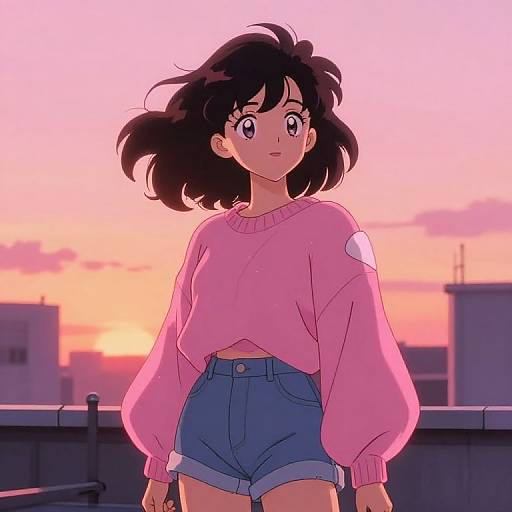 Anime-style digital drawing of a young woman with short black hair, wearing a pink sweater and blue shorts, standing on a rooftop at sunset. Pink,