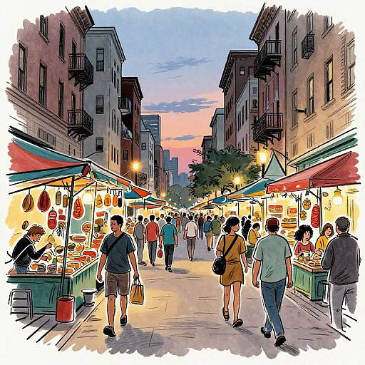 Vibrant Urban Sketch at Dusk