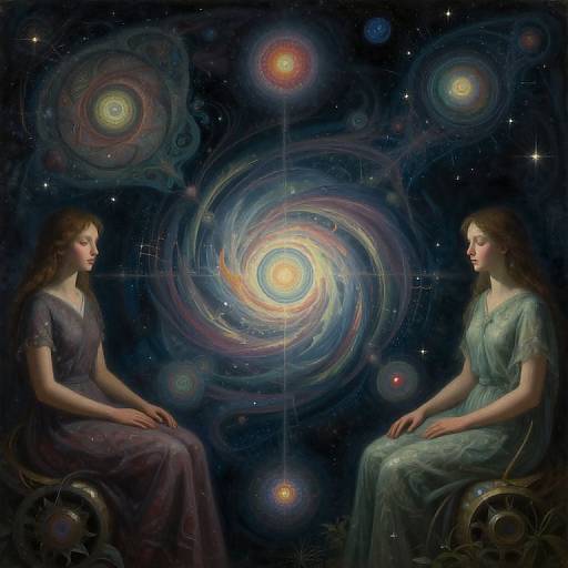Digital artwork of two serene, seated women in ethereal dresses facing each other, with a vibrant, swirling galaxy backdrop.