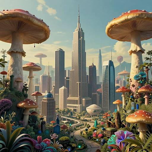 Digital artwork of a surreal cityscape with towering, red-capped mushrooms in a lush, colorful foreground, featuring a futuristic skyscraper skyline under a bright