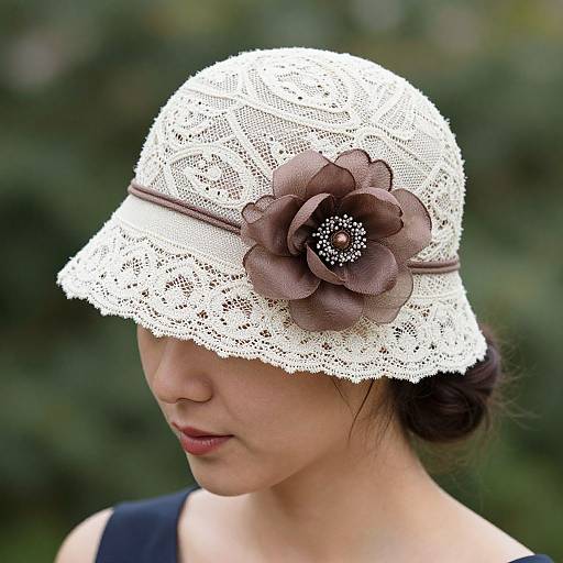 Photograph of an Asian woman with fair skin wearing a white lace bucket hat adorned with a large brown flower, against a blurred green background.