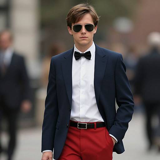 Photograph of a young man with brown hair, wearing black sunglasses, a black blazer, white shirt, black bow tie, and red pants,