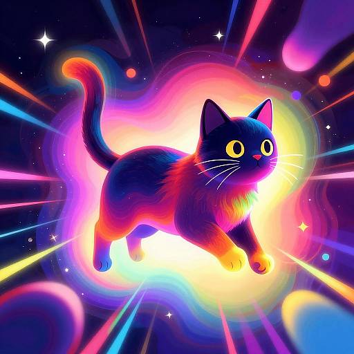 Vibrant digital illustration of a glowing, neon-colored black cat with bright yellow eyes, surrounded by a radiant, multicolored cosmic background with star