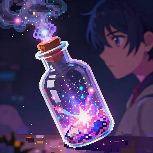 Digital anime-style artwork of a glowing, pixelated bottle with colorful sparks, floating in front of a blue-haired, wide-eyed boy in a dark background