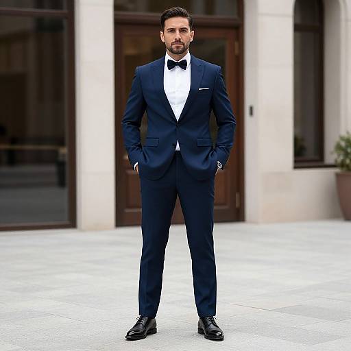 Photograph of a handsome bearded man in a dark navy tuxedo with bow tie, white shirt, black shoes, standing confidently in front of
