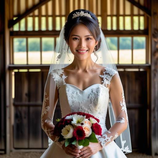 Smiling Bride in White Wedding Dress