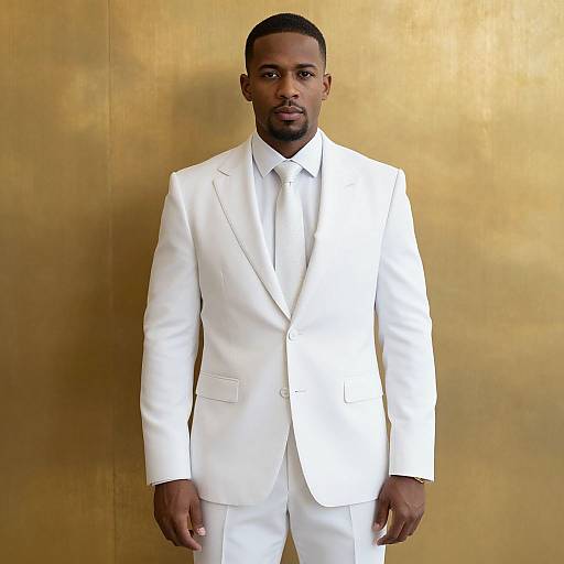 Man in White Suit by Gold Wall