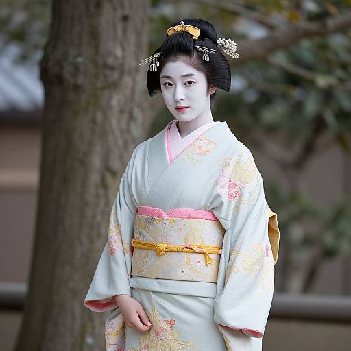Photograph of a young Japanese woman in a white kimono with pink and yellow floral patterns, black hair in an ornate updo, standing outdoors