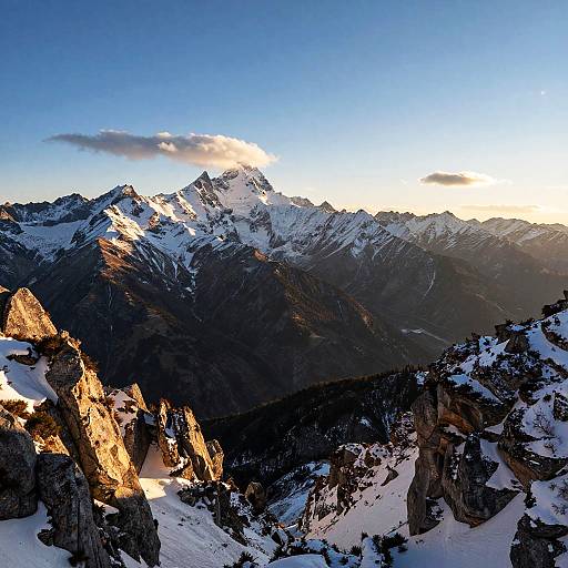 Photograph of a breathtaking mountain range at sunset, with snow-covered peaks, rugged rocky foreground, and a clear blue sky with a single cloud.