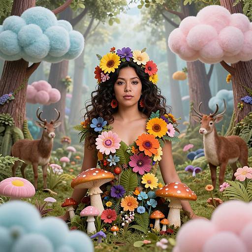 Fantastical forest scene with curly-haired woman wearing flower crown and dress, surrounded by colorful flowers, mushrooms, and deer, surrounded by fluffy pastel