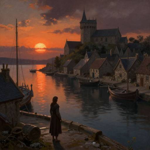Digital painting of a serene sunset over a medieval village with a castle, boats, and a silhouetted figure on a dock. Warm oranges and