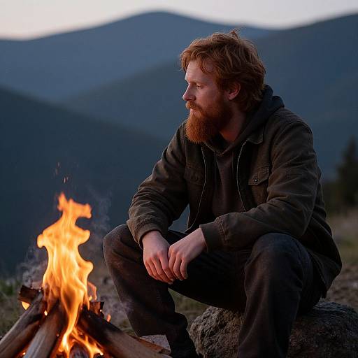 Photograph of a red-bearded man in a dark jacket and jeans, sitting by a campfire in a mountainous, twilight landscape.