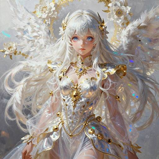 Digital painting of a beautiful white-haired, blue-eyed angelic woman with golden adornments, translucent wings, and ethereal light surrounding her.