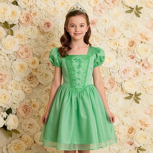 Photograph of a smiling young girl in a green lace dress, tiara, standing against a floral backdrop of white and pink roses.