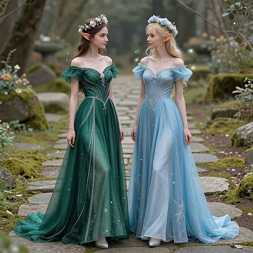Photograph of two fairies in enchanted forest, wearing off-shoulder, sparkly green and blue gowns, with flower crowns, standing
