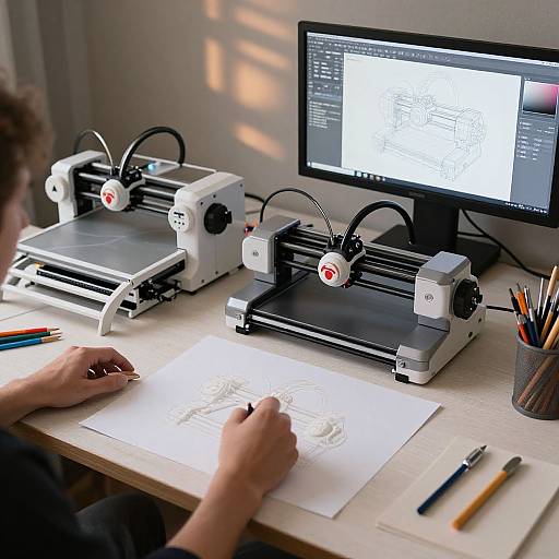Photograph of a person drawing on a white sheet, surrounded by three 3D printers, a computer monitor, pencils in a cup, and pencils
