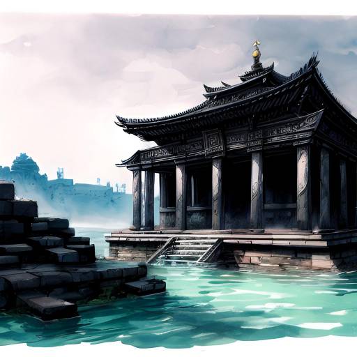 Mystical Submerged Temple Ink Art