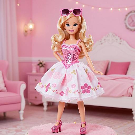 Blonde Barbie doll in pink sequined top, white floral dress, pink heels, and sunglasses, standing in pink bedroom with fairy lights.
