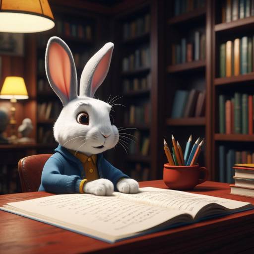 Whimsical Rabbit Writing in Cozy Library Whimsical Rabbit Writing in Cozy Library