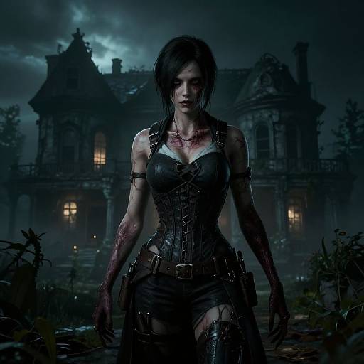 Digital art: Dark, gothic scene of a blood-streaked, pale-skinned woman with black hair, wearing a corset and torn pants