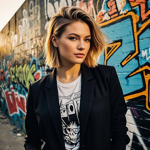 Woman with Shullet Hairstyle and Black Blazer by Graffiti Wall