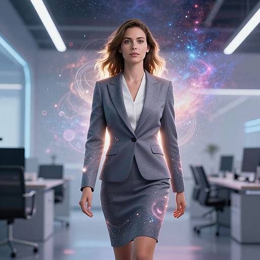 Photograph of a confident woman in a grey business suit walking down a futuristic office hallway with a cosmic background.