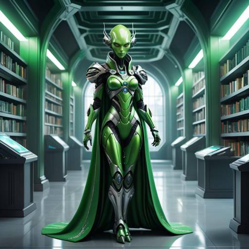 Green Alien Robot in Futuristic Library