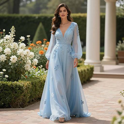 Woman in Light Blue Embroidered Evening Gown in Garden