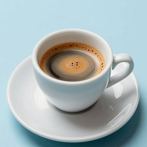 Photograph of a white ceramic espresso cup with frothy brown coffee, on a matching saucer, set against a bright blue background.