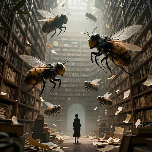 Digital artwork: Silhouetted figure in a library with towering bookshelves, surrounded by flying, realistic bees, papers floating, dim light filtering