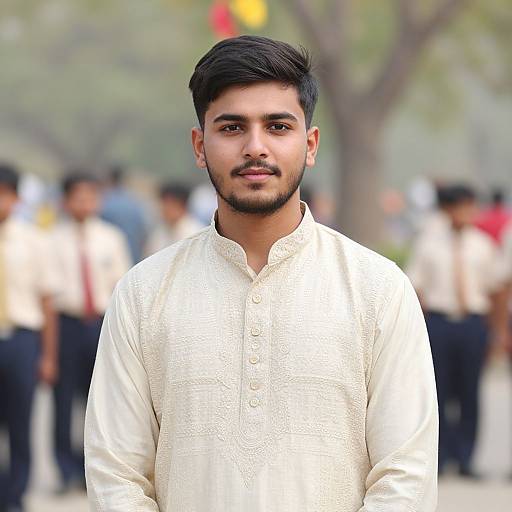 Photograph of a young South Asian man with short black hair and beard, wearing a cream-colored embroidered kurta, standing outdoors with a blurred background of