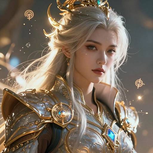 Digital artwork of a beautiful, fair-skinned, silver-haired elf woman in ornate, golden and silver armor with blue gemstones, illuminated by soft