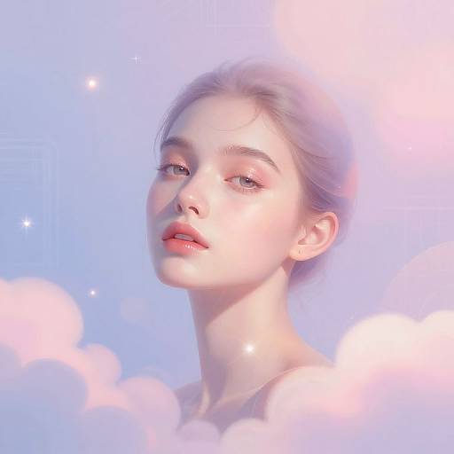 Digital portrait of a fair-skinned, blue-eyed young woman with light pink hair, surrounded by soft pink and white clouds against a pale blue background.